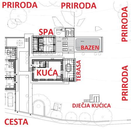 Planimetria della proprietà: casa, spa, piscina, terrazza e parco giochi